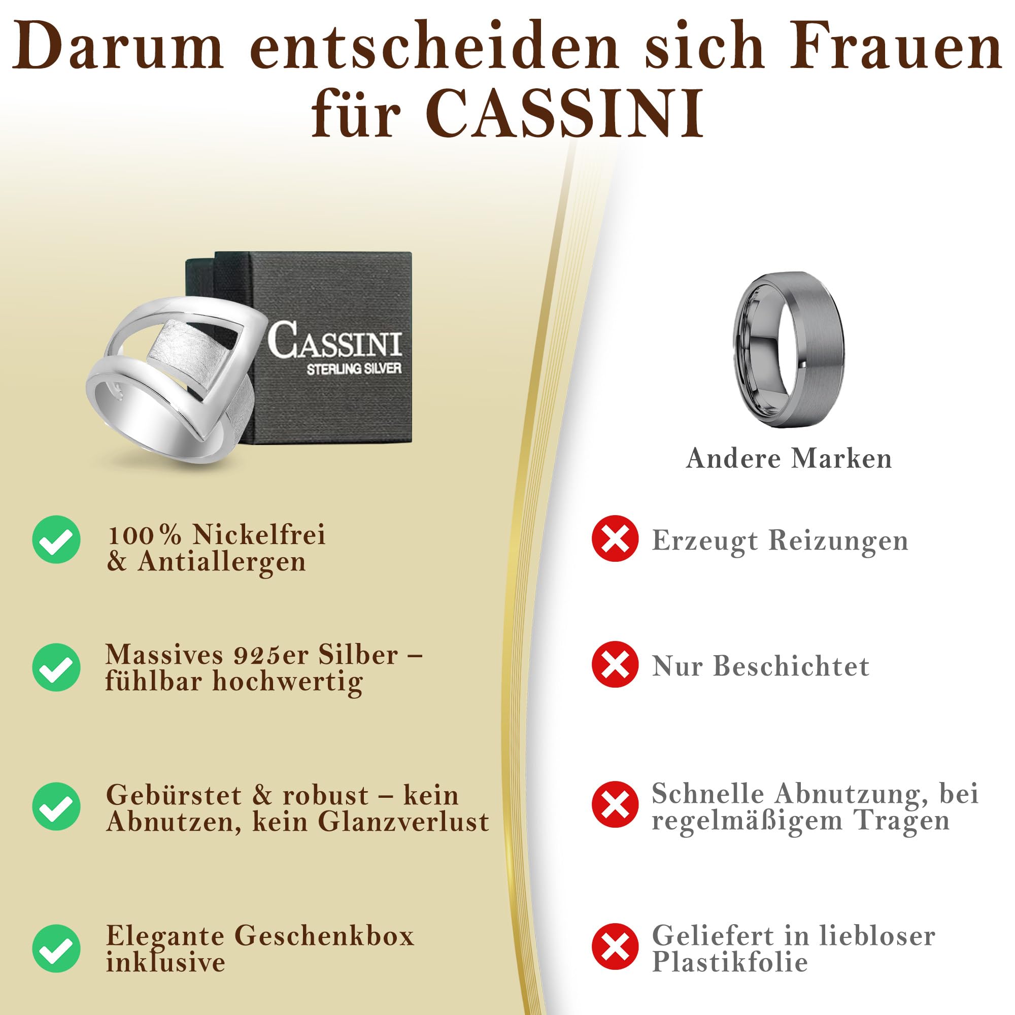 CASSINI Design Ring aus 925er Sterling Silber, gebürstet und poliert, massiv, breit, Damen Ring 3RAX