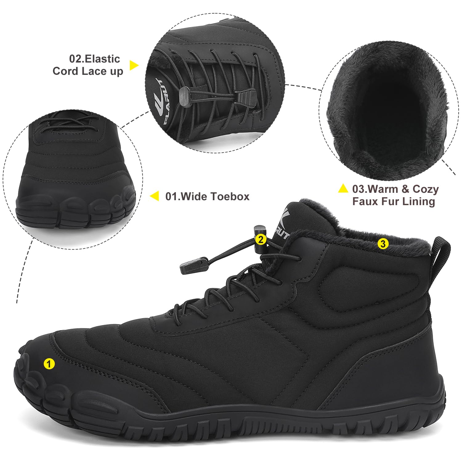 FLARUT Scarpe Invernali a Piedi Nudi Uomo Donna Barefoot Scarpe Foderate Caldo Scarpe a Punta Larga Resistenti all'acqua Scarpe da Trail Running Trekking InvernoStivali