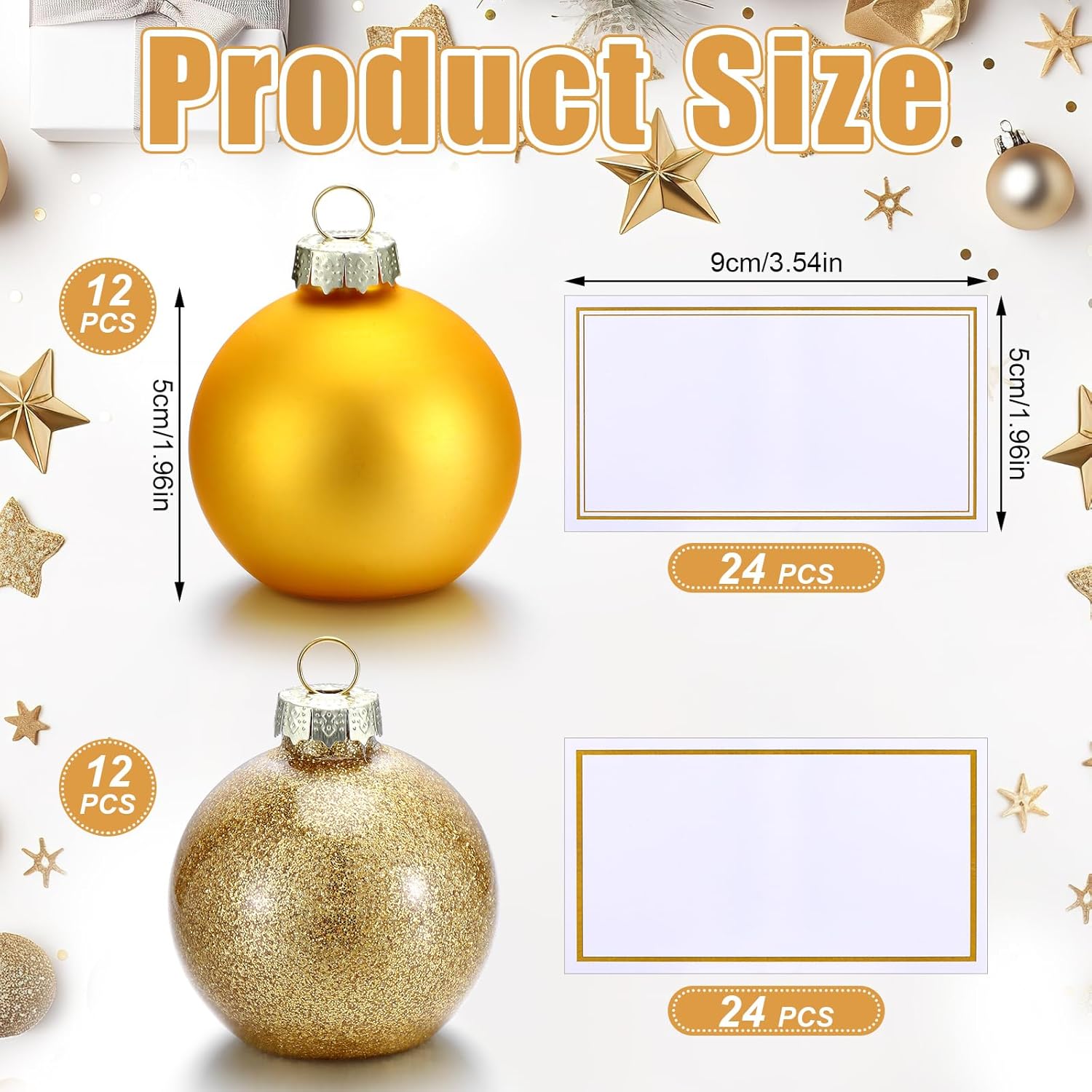 Qilery 24 Pcs Christmas Ornament Place Card Holders and 48 Pcs Name Cards Gold Glass Ball Place Holders Table Sign Card Holder for Xmas Party Setting Wedding Anniversary Table Decoration