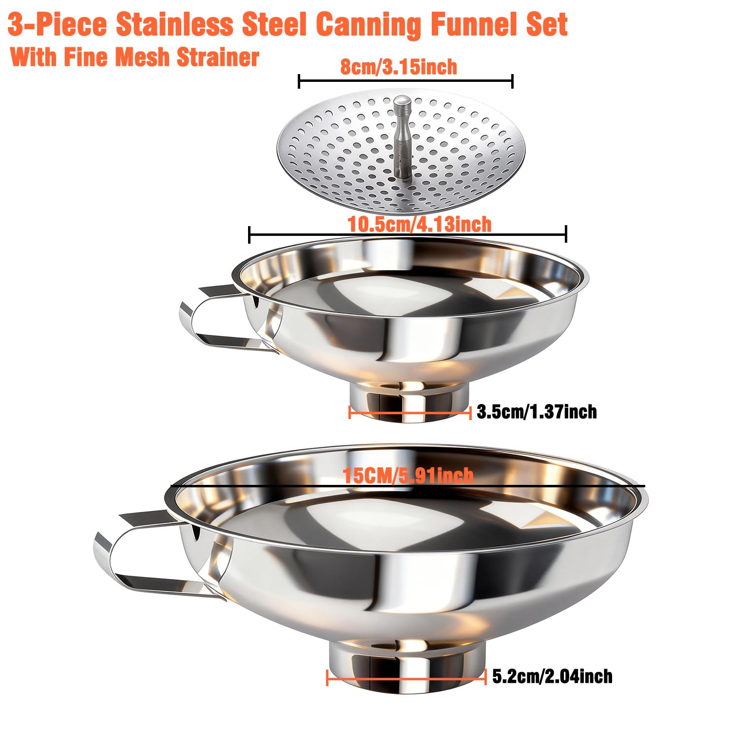 3-Piece Canning Funnel Set with Mesh Strainer - Wide & Regular Mouth Mason Jar Funnels (Large & Small) - for Kitchen, Jam, Spices, Flour & DIY - Stainless Steel