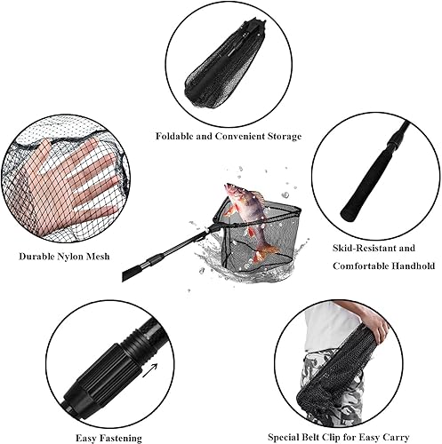 Miniatura 11 de PLUSINNO Red de pesca para la pesca, plegable, mango telescópico, malla de material de nailon duradero, captura o liberación segura de peces