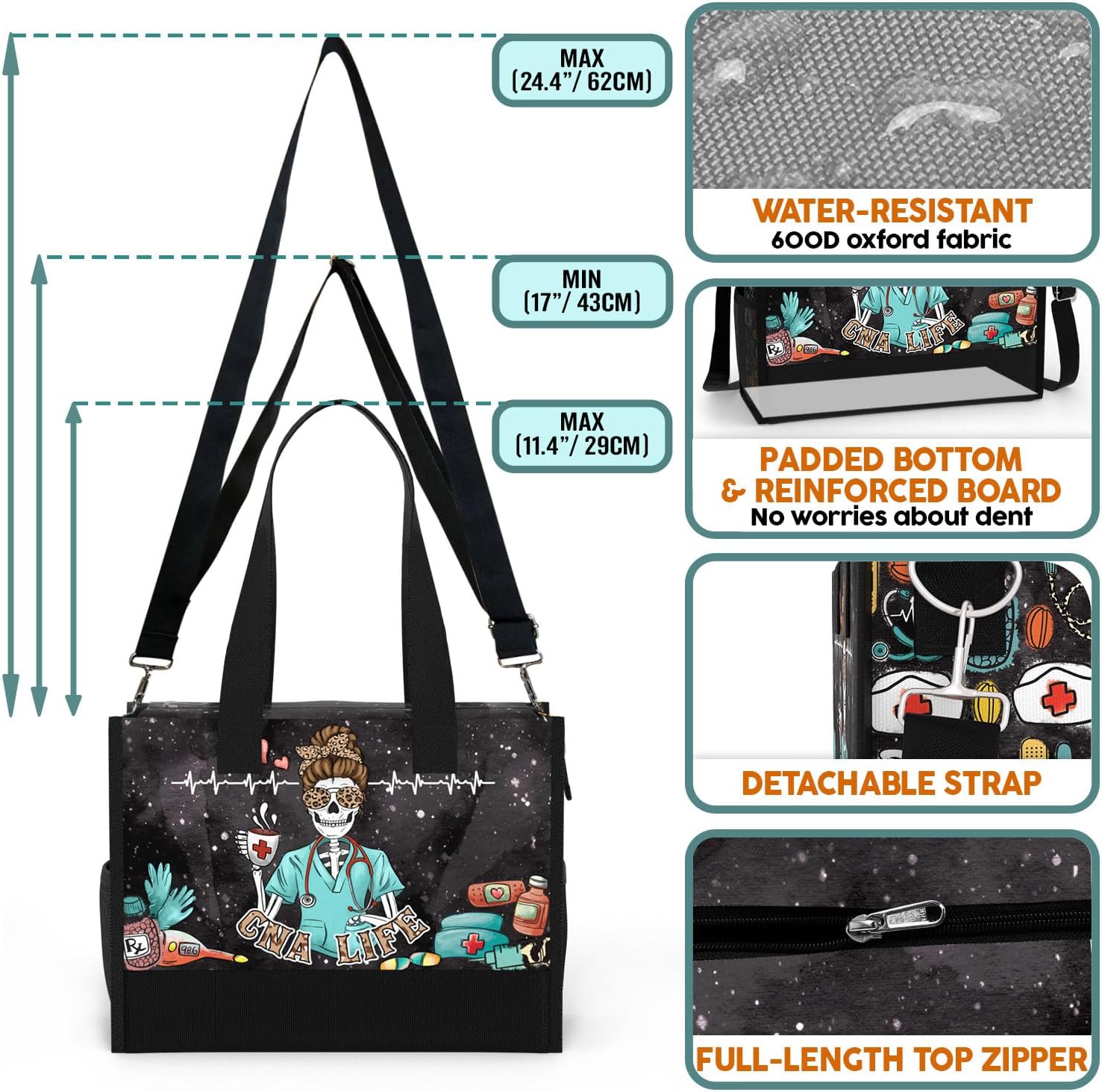 84hoods Large Waterproof Tote Bag with Pockets and Zipper for Travel, Work, Grocery. Gift for CNA.