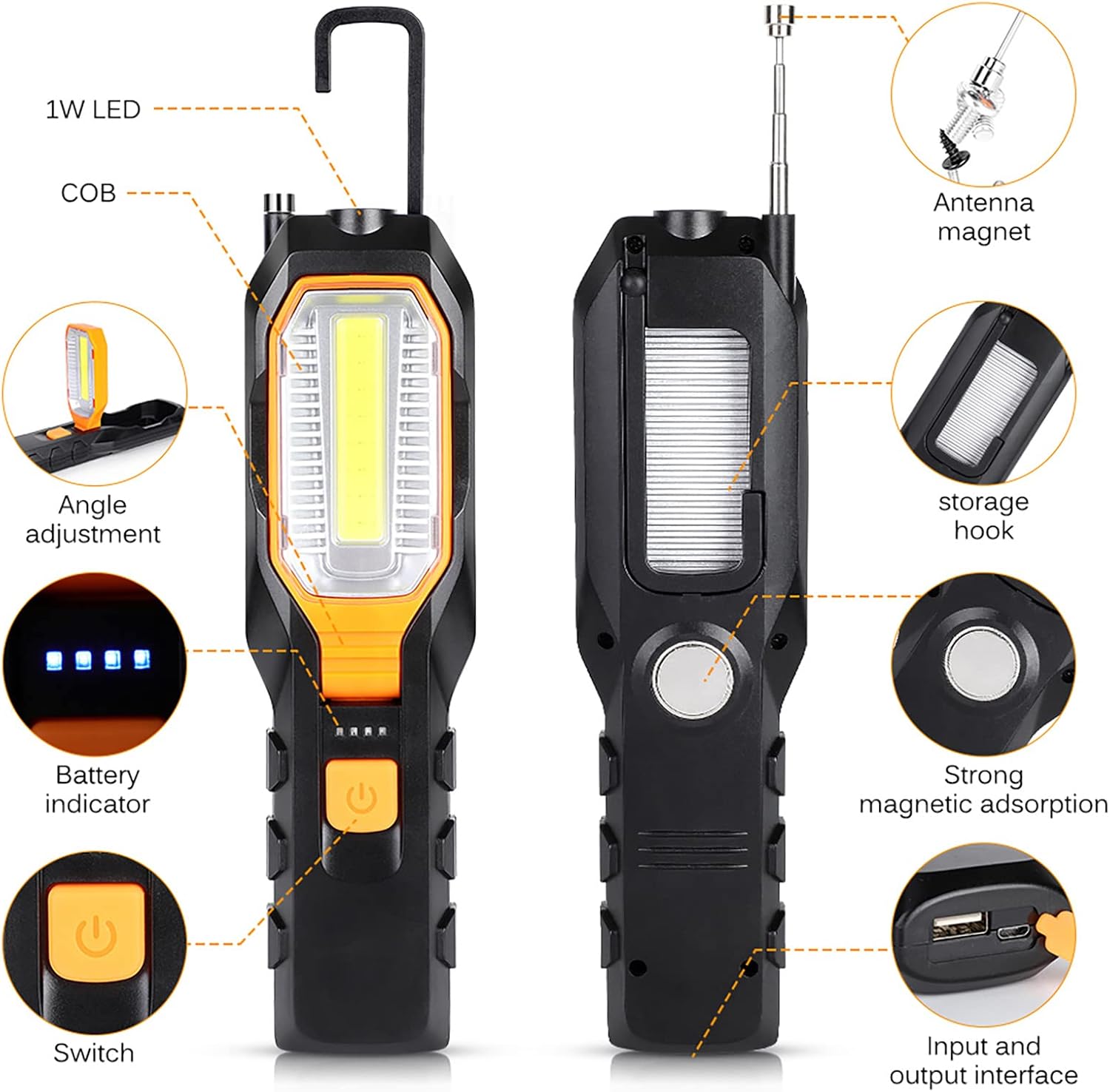 COB LED Magnetic Work Light, Portable LED Work Flashlight USB Rechargeable Inspection Light with 90° Rotate 4 Lighting Modes and Magnetic Base for Garage Workshop Car Truck Repairing (Orange)