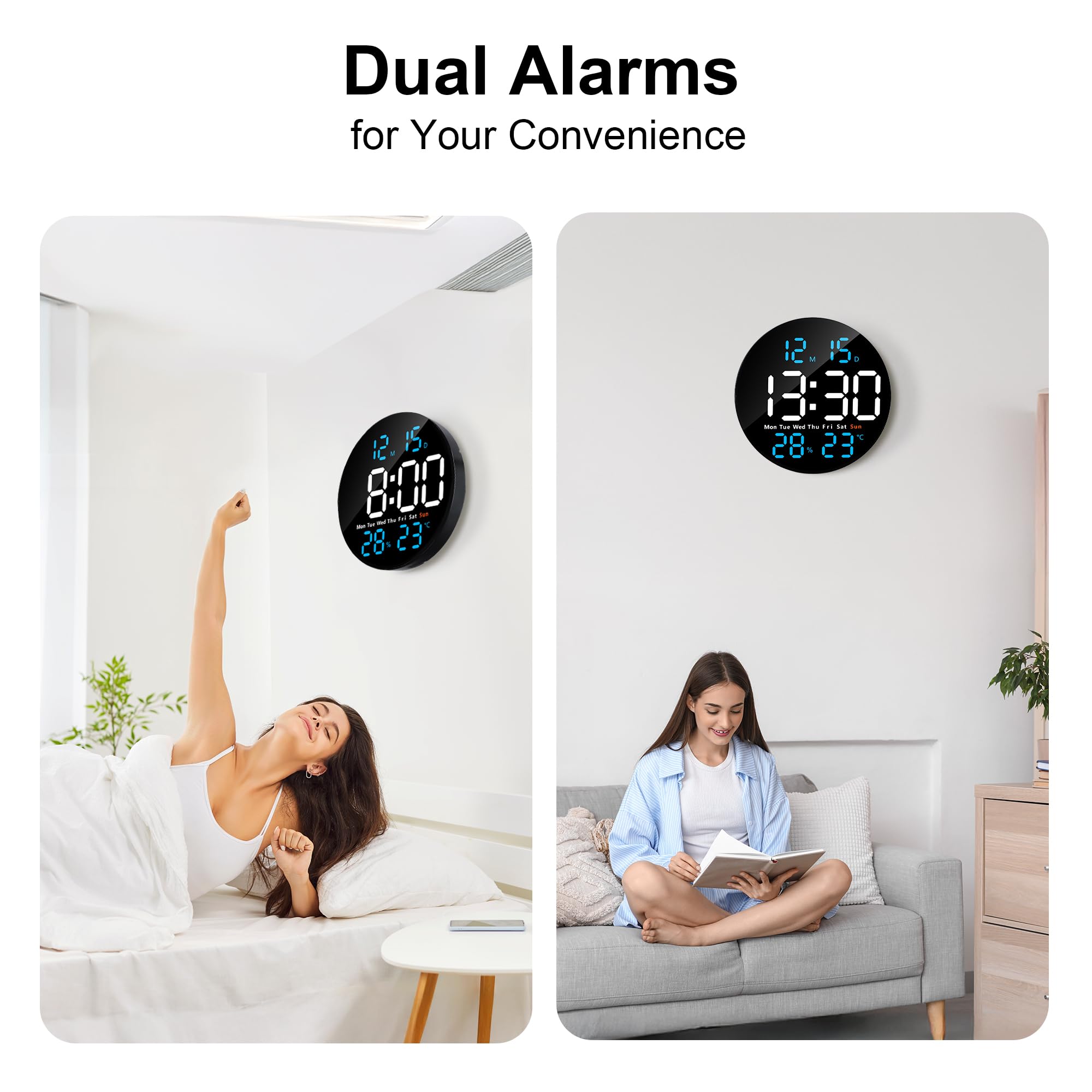 Lafocuse Reloj de Pared Digital con Grande Pantalla LED 25CM, Silencioso Relojes con Control Remoto, Temperatura, Fecha, 2 Alarmas, Cuenta Atrás, Brillo Ajustable para Salon Cocina Oficina, Azul