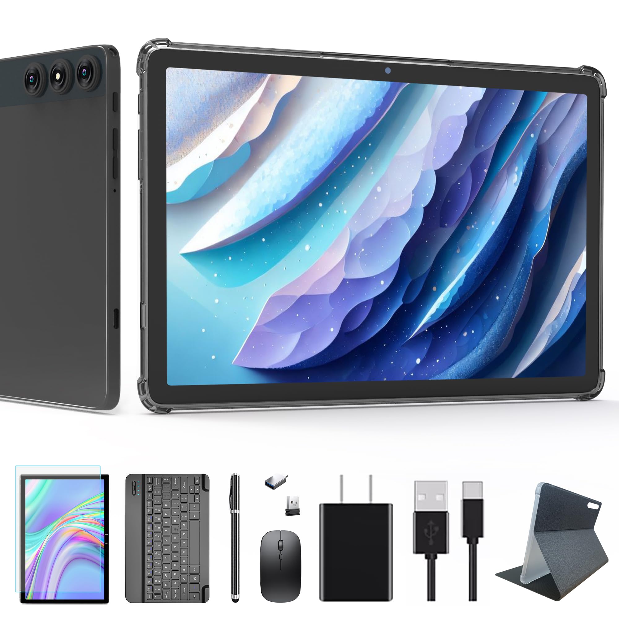 KADYBE Tablet 10 cali, Android 14, tablet z rysikiem, klawiaturą, myszą, 4G LTE, z gniazdami na karty SIM, 14 GB RAM + 128 GB ROM, Octa-core, 13 + 8 MP, 7000 mAh, 5 G WiFi, GPS, Bluetooth 5.0, szary
