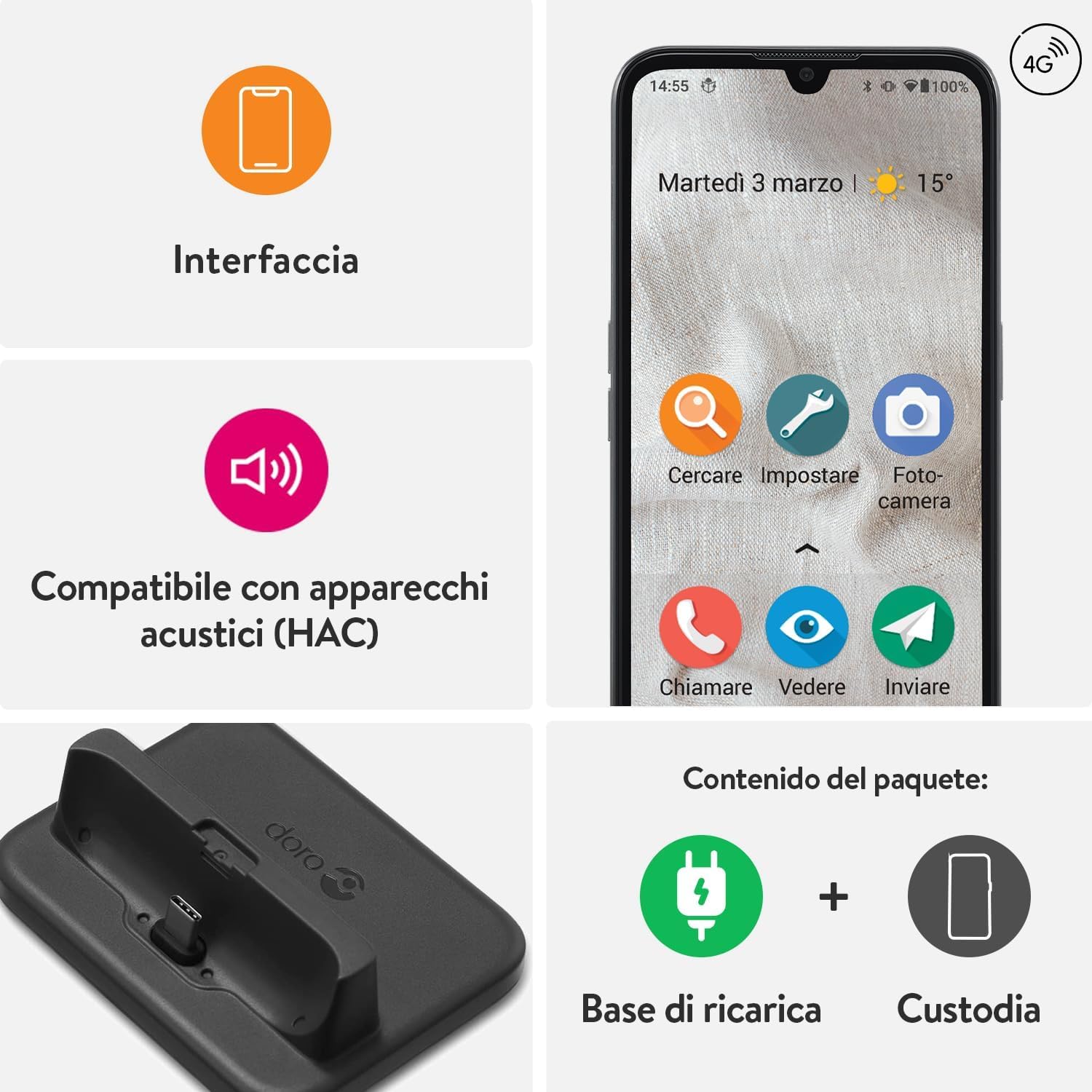 Doro 8100 Plus 4G Smartphone Sbloccato per Seniors, Resistente all'acqua, con tripla fotocamera, schermo 6.1", GPS, riconoscimento facciale, supporto caricatore e custodia (nero)