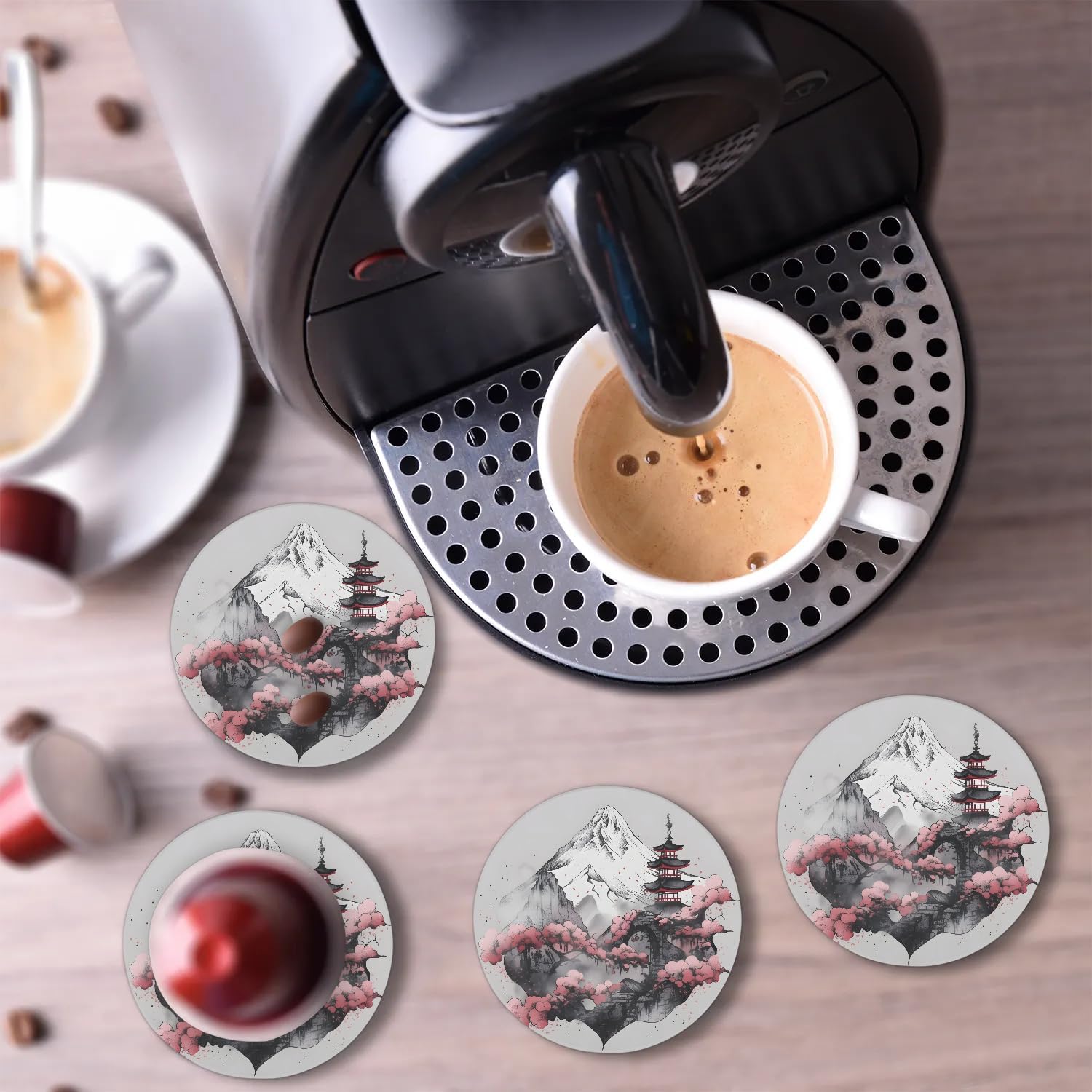 Japanese Tower Coasters Set of 4 Absorbent Coasters 4 Inch Round Ceramic Coasters for Drinks Coaster for Coffee Table Office Summer Outdoor Home Decor - Image 6