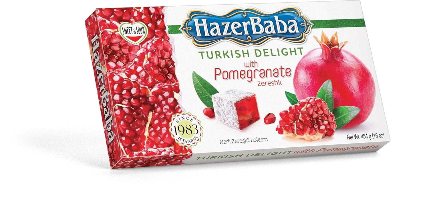 Hazer Baba – Caramelos turcos, sabor a granada y zereshk, caja de aperitivos gourmet, aperitivo tradicional, vegano, lokum turco, dulces, Loukumi,