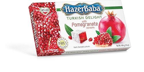 Hazer Baba - Caramelos turcos, sabor a granada y zereshk, caja de aperitivos gourmet, aperitivo tradicional, vegano, lokum turco, dulces, Loukumi,