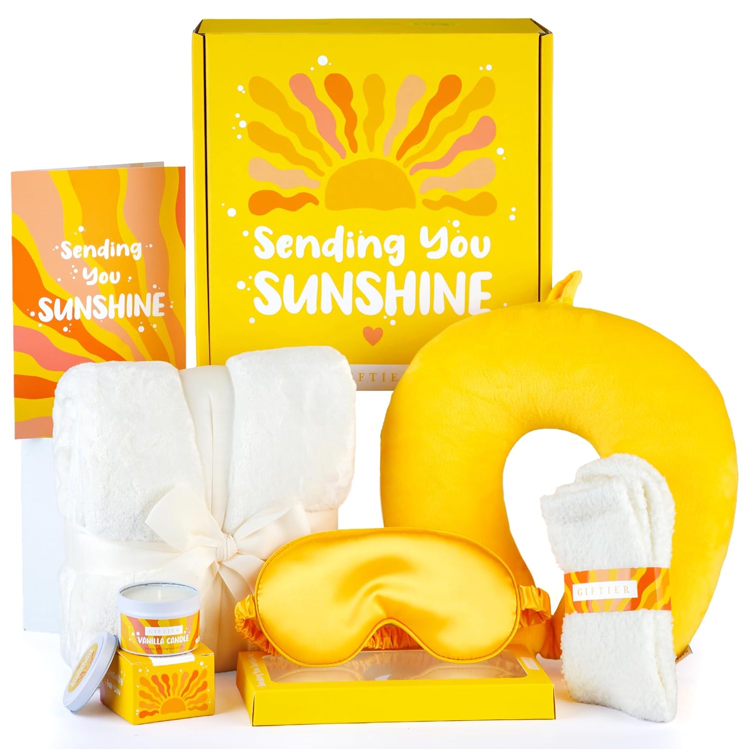 Sunshine Box Care Package for Women w/ Memory Foam Pillow, Blanket, Candle, Socks, and Card - Birthday Gift Basket for Women, Get Well Soon Basket, Thinking of You Gifts