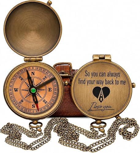 Engraved Brass Compass- Personalized Sundial Compass, Viking Compass Gift to Her, Nautical Gift for Boyfriend Perfect and Unique Gift with Leather Case