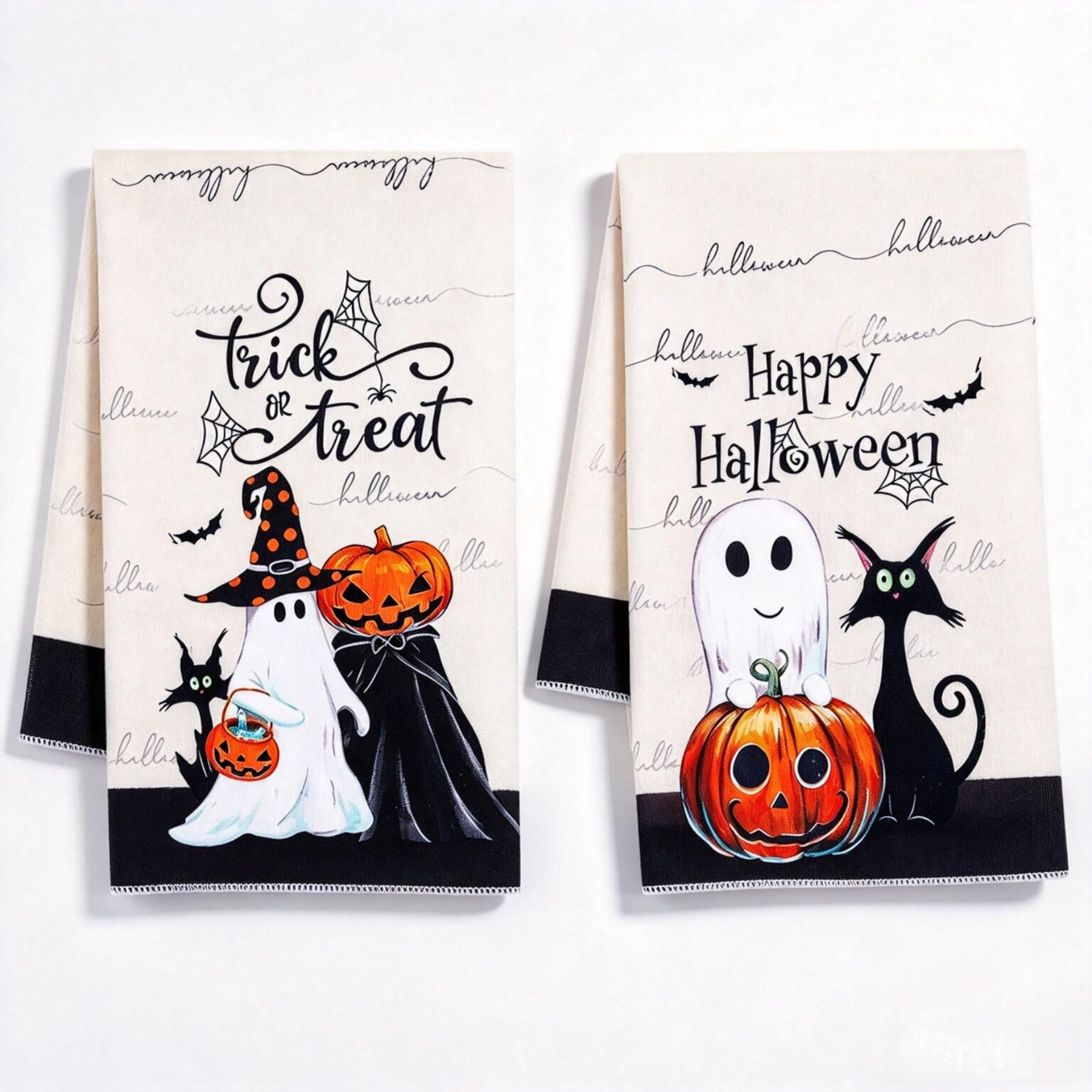 Dmnnlp 2 Pcs Halloween Kitchen Dish Towel, 45x70cm Pumpkin Ghost Black Cat Halloween Tea Towels Washcloths Cleaning Cloths, Seasonal Fall Decoration Hand Towels