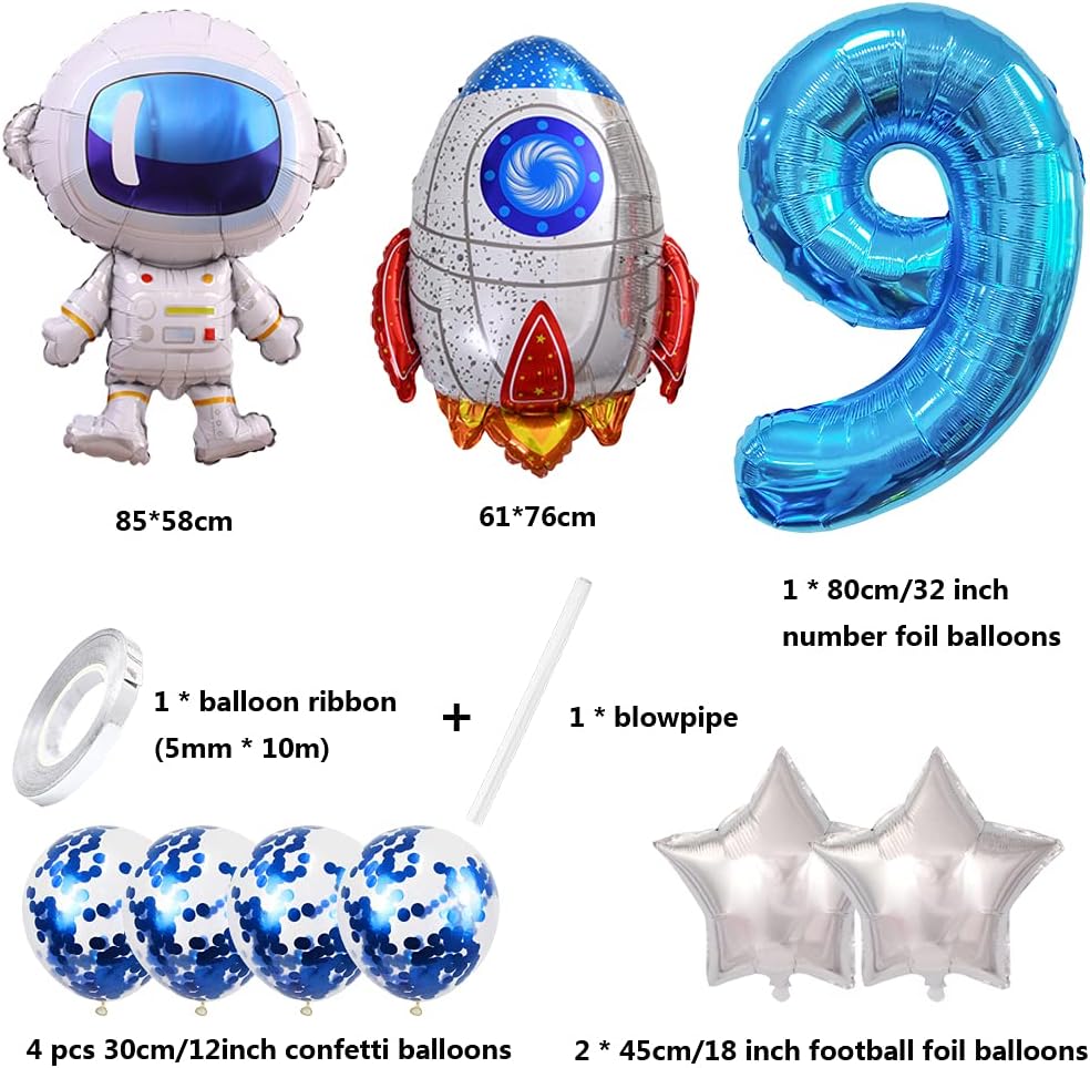 Liitata Outer Space Birthday Party Decorations Spaceman Themed Party Supplies Huge Size Astronaut Rocket Aluminum Balloon 32 Inch Blue Number 9 Foil Balloon for Kids Boy Birthday Party - Image 3