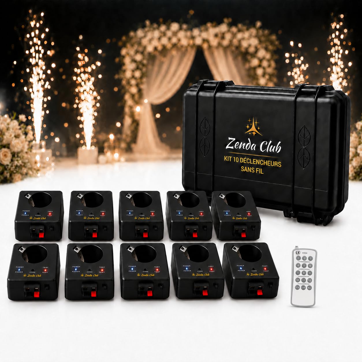 Juego de 10 disparadores, kit de tiro para chorros de escena, sistema de tiro de etapas fuentes frías, máquina de encendido de fuegos artificiales frío + mandos inalámbricos Zenda Club®