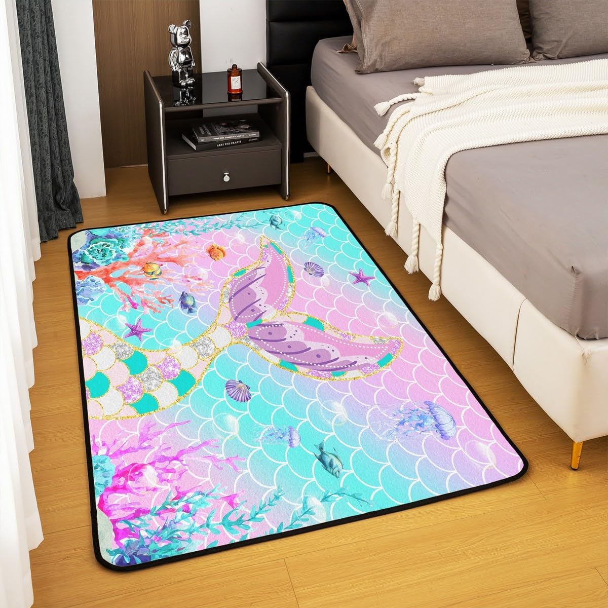 Erosebridal Mermaid Tail Area Rug 5x6'6'', Kids Fish Scales Girly Rainbow Rug, Ocean Life Sea Animal Carpet, Teal Sequins Pastel Pink Washable Decorative Rug for Living Room