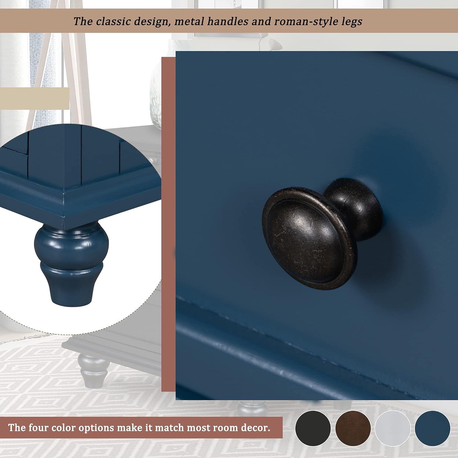 Nightstand with 3 Drawers, Wood Bedside Tables, Bed Side Table & Night Stand End Table with Storage, Blue Nightstand for Bedroom, Living Room, Blue