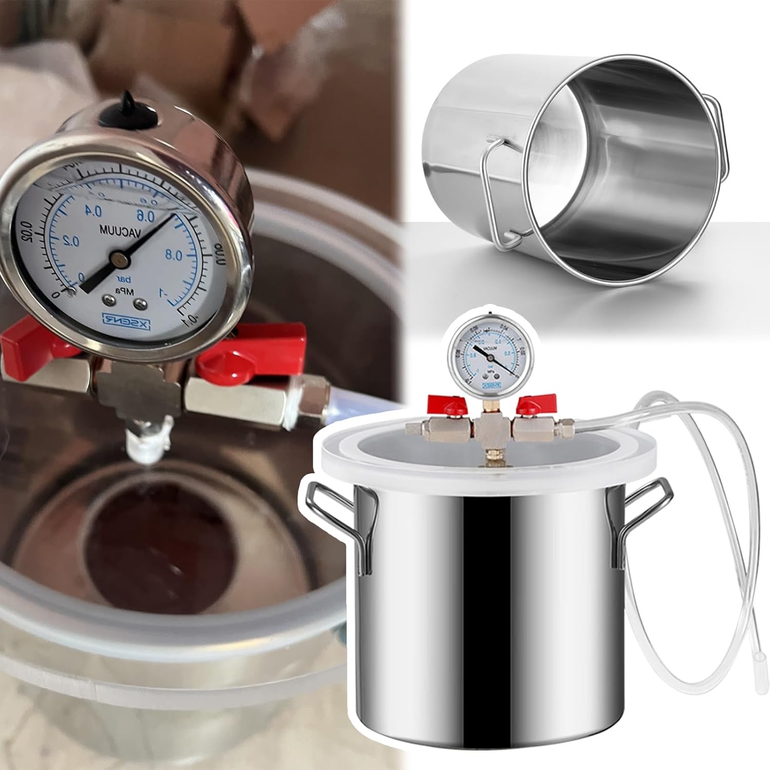 Vacuum Chamber for Wood Stabilizing and Resin Degassing, 51L, 304 Stainless Steel with Transparent Acrylic Lid, Complete Kit