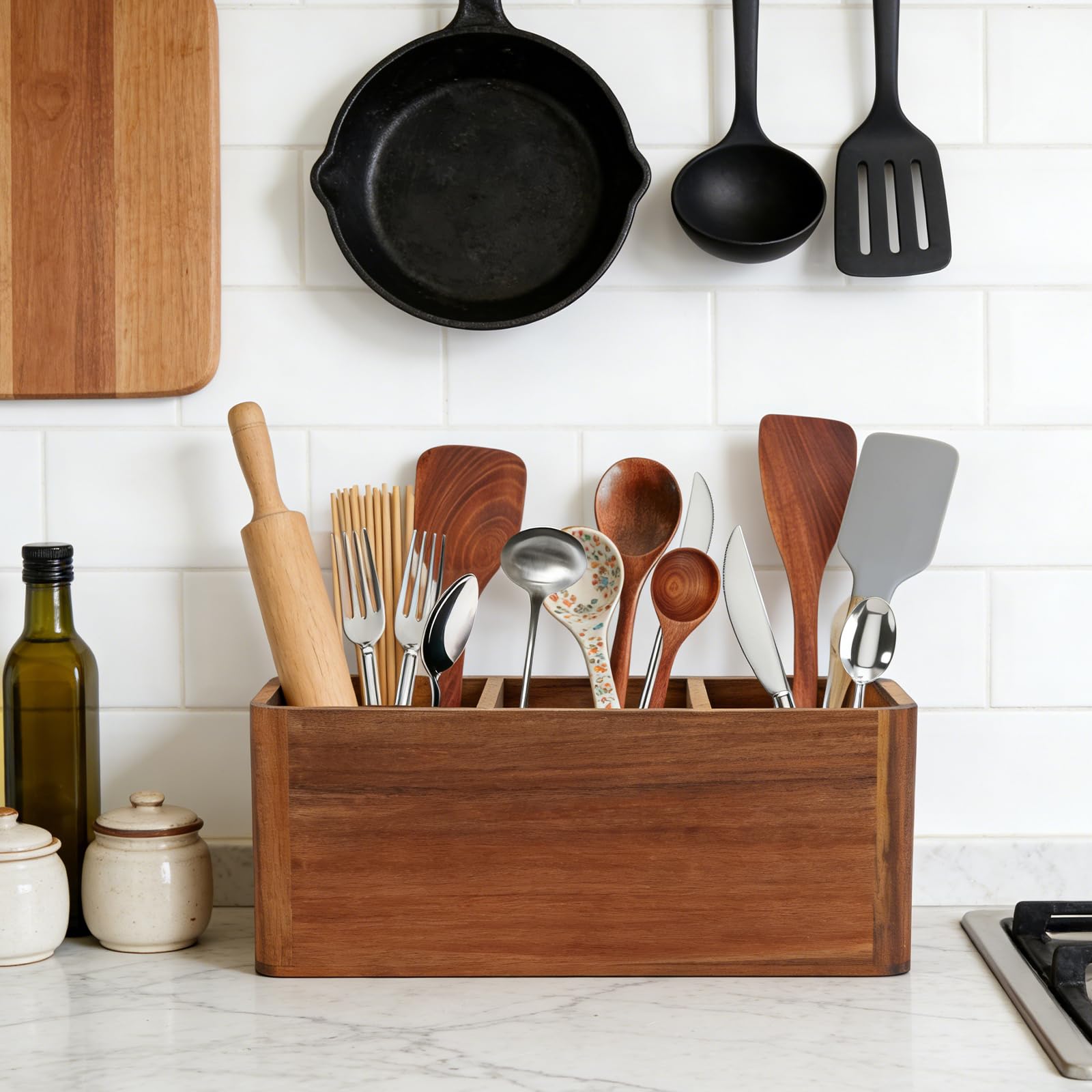 Bote para Utensilios de Cocina Madera, Portarcubiertos de Madera con 3 Compartimentos Recipiente para Utensilios de Cocina para Cucharas, Horquillas, Cuchillos y Almacenamiento de Utensilios