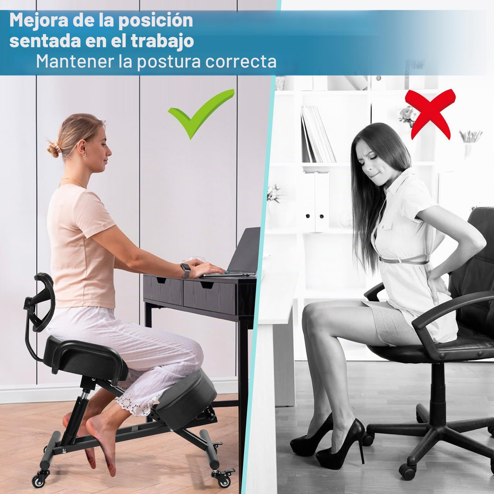 Silla de rodilla ajustable con respaldo y cojín de malla – Taburete para rodillas de 4 niveles y marco estable 100 kg – Silla ergonómica para estudio, escuela y área de belleza