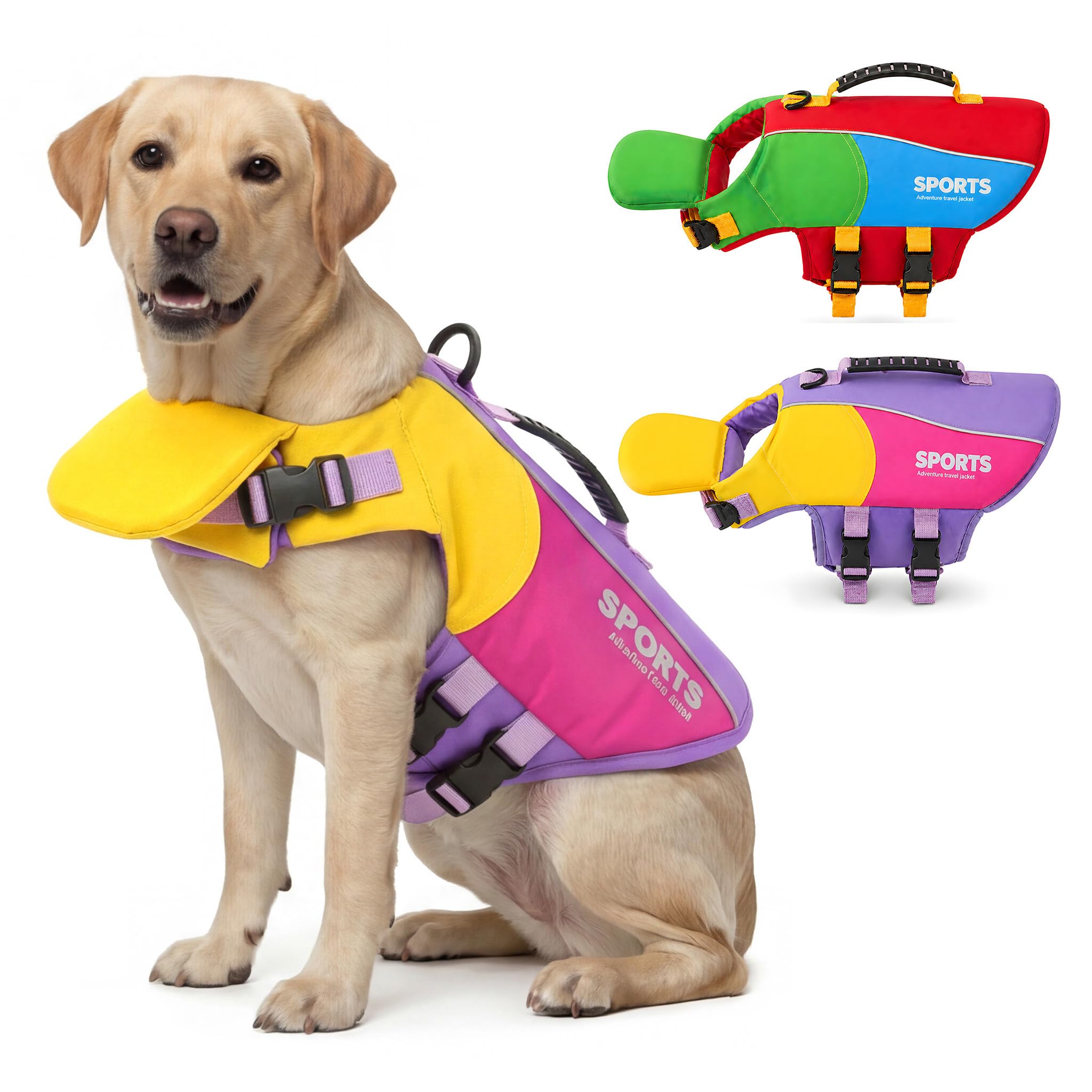 SMALLLEE_LUCKY_STORE Colorblock Dog Life Vest for Small Medium Large Dogs, Reflective Pet Life Jacket with Front Chin Float and Rescue Handle High Buoyancy Puppy Swimming Vest,Purple,M