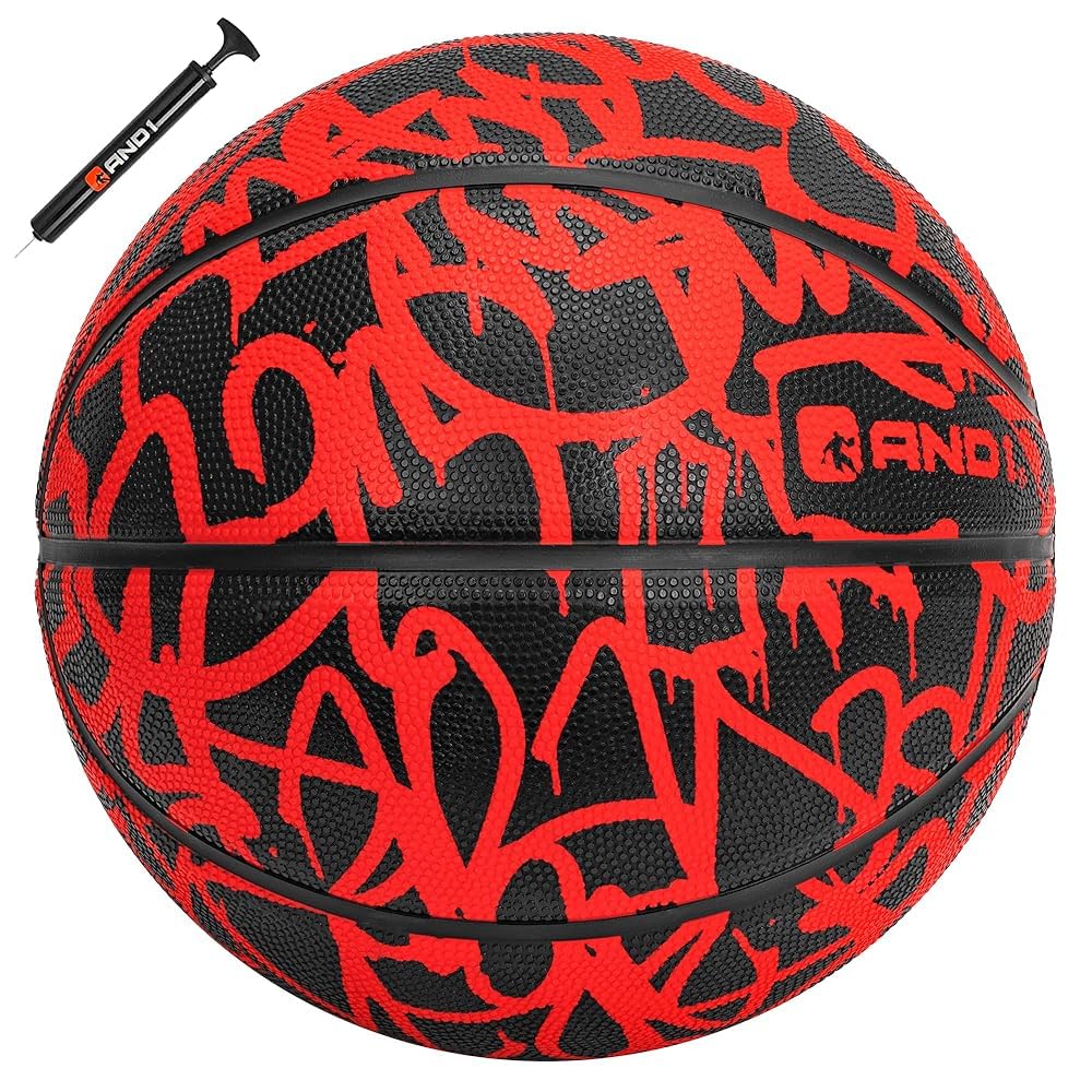 AND1 Fantom Rubber Basketball & Pump (Graffiti Series)- Official Size 7 (29.5) Streetball, Made for Indoor and Outdoor Basketball Games (Red)