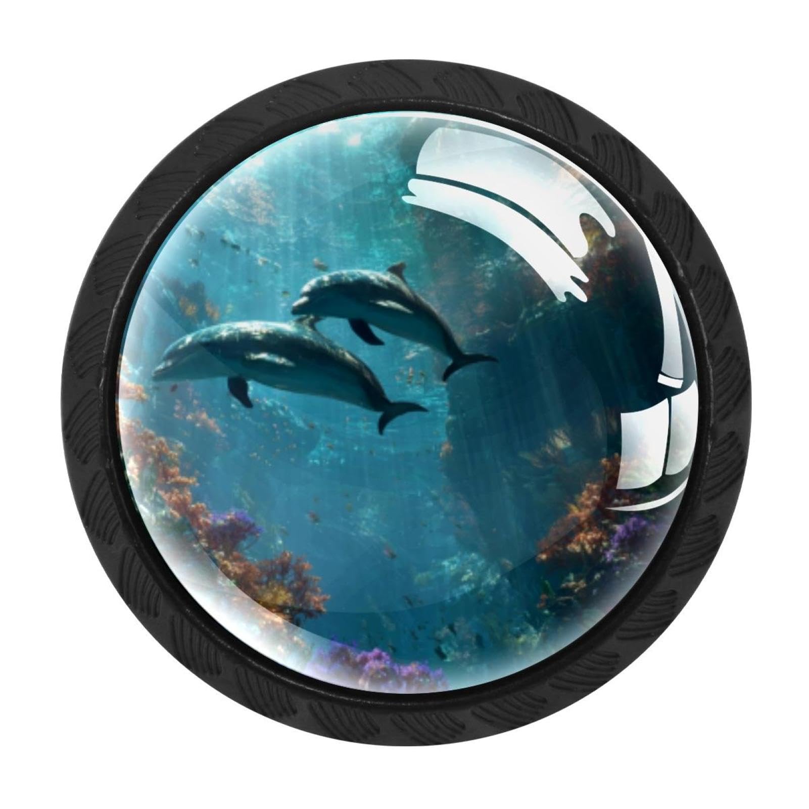 CHENZZZZ 4 Pack Black Underwater Dolphins Drawer Knobs, Cabinet Knobs Round Glass Knobs for Kitchen Cabinet Hardware Bathroom 35MM