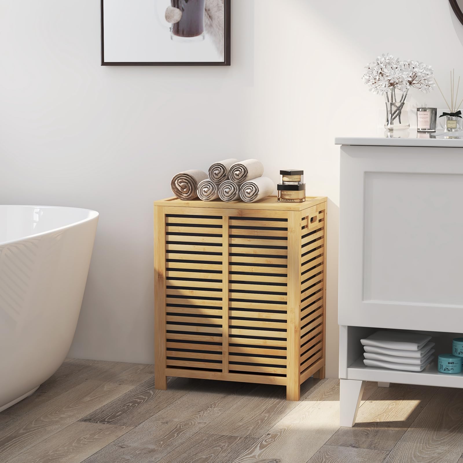 FANTASK Cesto portabiancheria con coperchio, grande, 80 l, in bambù, con sacco per la biancheria, rimovibile e lavabile, per bagno, camera da letto, soggiorno