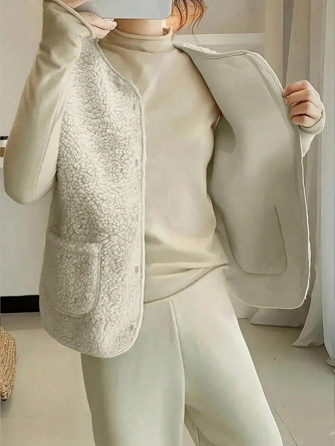 Damska kamizelka bez rękawów Teddy Fleece Dekolt w serek Krótka kamizelka polarowa z guzikami i kieszeniami pikowana kamizelka termiczna ciepła praktyczna kamizelka do układania