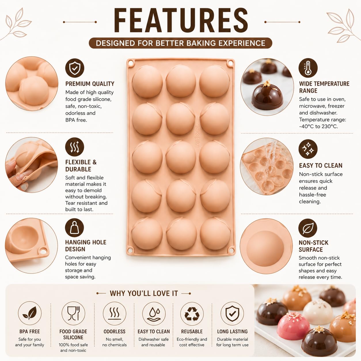 Zeinwap Small 15-Cavity Semi Sphere Silicone Chocolate Mould Non-Stick, Half Sphere Silicone Baking Molds For Making Jelly, Chocolates And Cake, 15 x 10 x 3 Cm 1