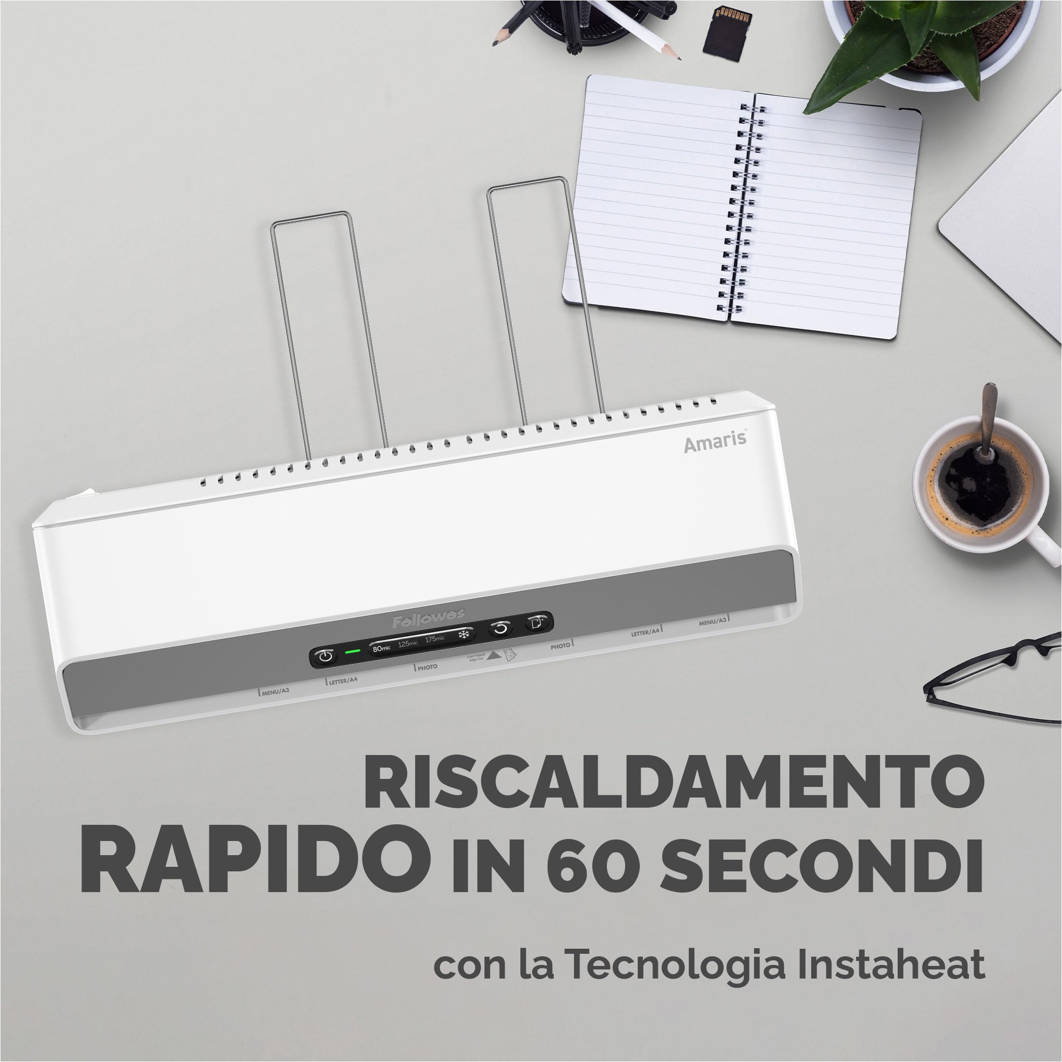Fellowes plastificatrice a caldo Amaris A3, formato A3, fino a 175 micron, per casa e ufficio, riscaldamento rapido, con retromarcia e modalità riposo, 6 rulli, incluso starter pack di 10 pouches