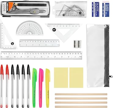 Back to School Stationery Set, 25PCS Exam Stationery Set, Mathematical Kit, Protractor and Compass Set, Pencil Case with Stationery Included, Geometry Sets, Complete School Supplies