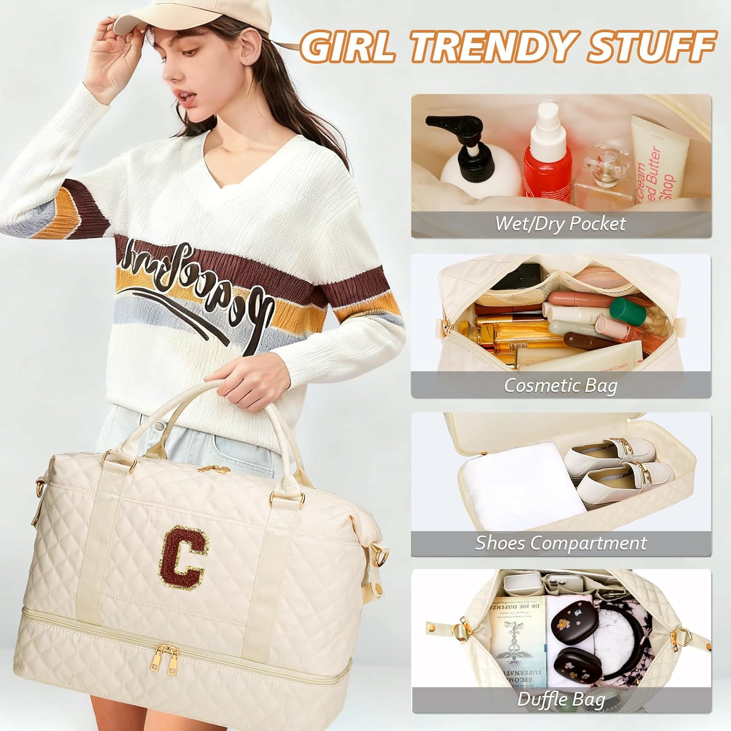 Birthday Gift for Women Initial Travel Duffle Bag Quilted Weekender Bags Carry-On Overnight with Cosmetic Bag, Gym Bag with Shoe Compartment Hospital Bag for Women Labor Delivery, Beige-C - Image 4
