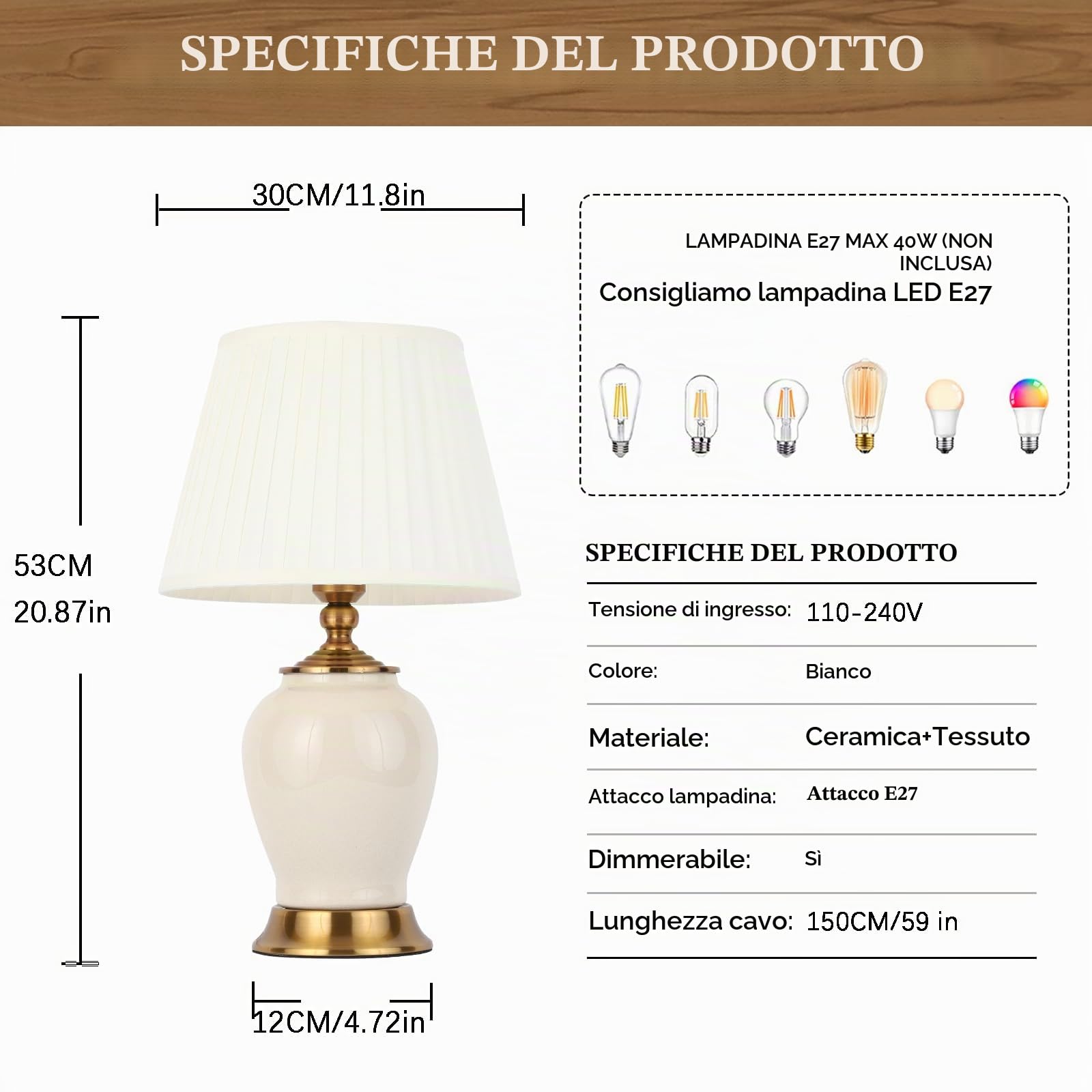 Lampada Da Tavolo E27 Lampade Da Comodino Moderne, Lampada Da Scrivania In Tessuto Bianco Paralume, Lampada Da Letto In Ceramica Decorazione Della Camera Da Letto Lampada Da Lettura, Bianco