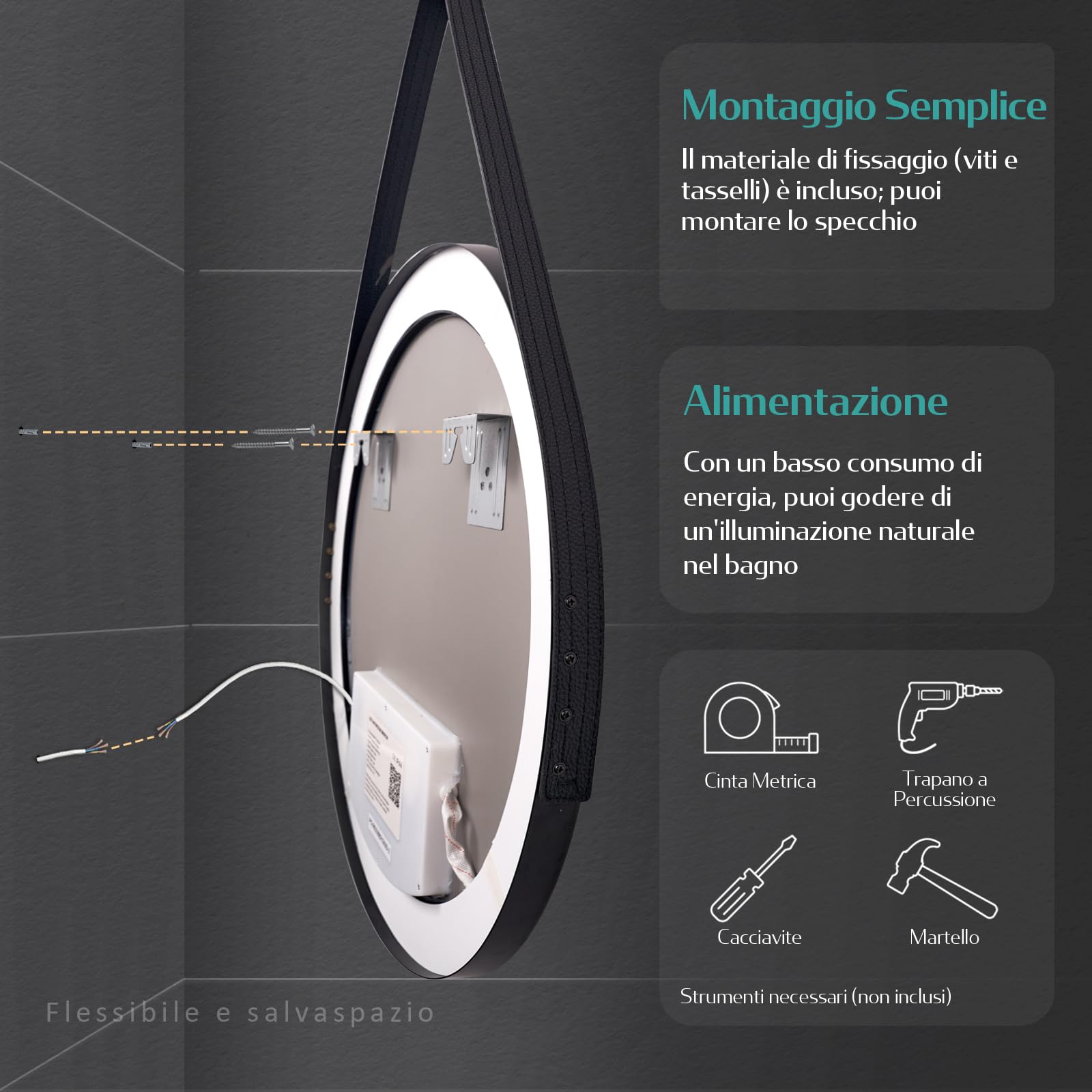 EMKE Specchio Bagno Rotondo con Luce 50 cm, Interruttore Tattile | Specchio Bagno LED con Bianca Fredda 6500K / Calda 3000K / Neutra 4000K