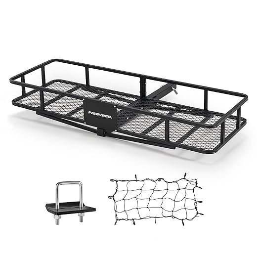 FieryRed Folding Cargo Carrier Luggage Basket - 500 lbs. Capacity Basket Trailer Hitch Cargo Carrier with Cargo Carrier Net & Hitch Stabilizer, Fits 2-Inch Receiver