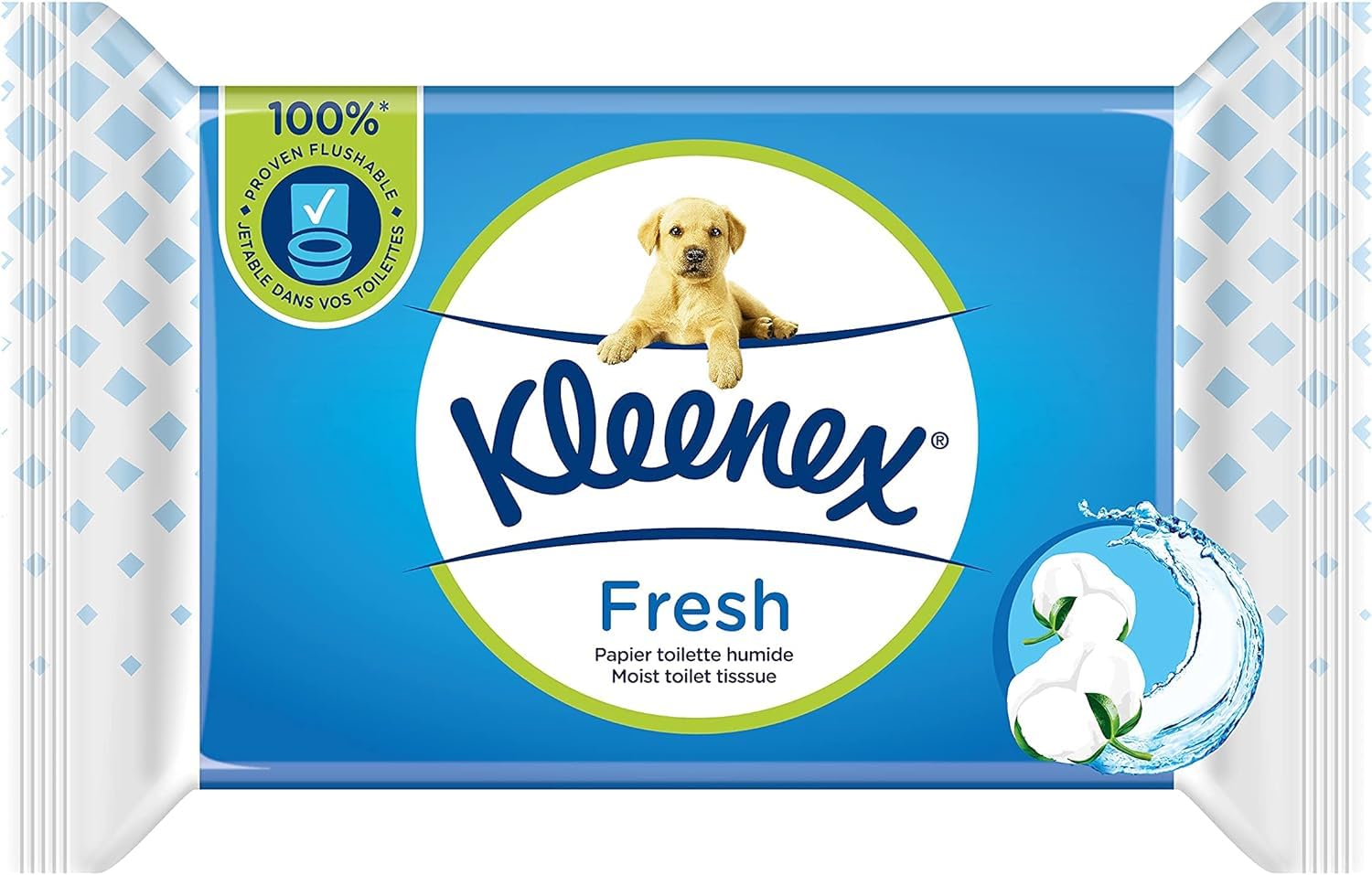 KLEENEX Papel higiénico Fresh Wet (12 paquetes de 42 hojas), desechable en el inodoro, 100% fibras naturales, sin plástico, sin fragancia, sin alcohol