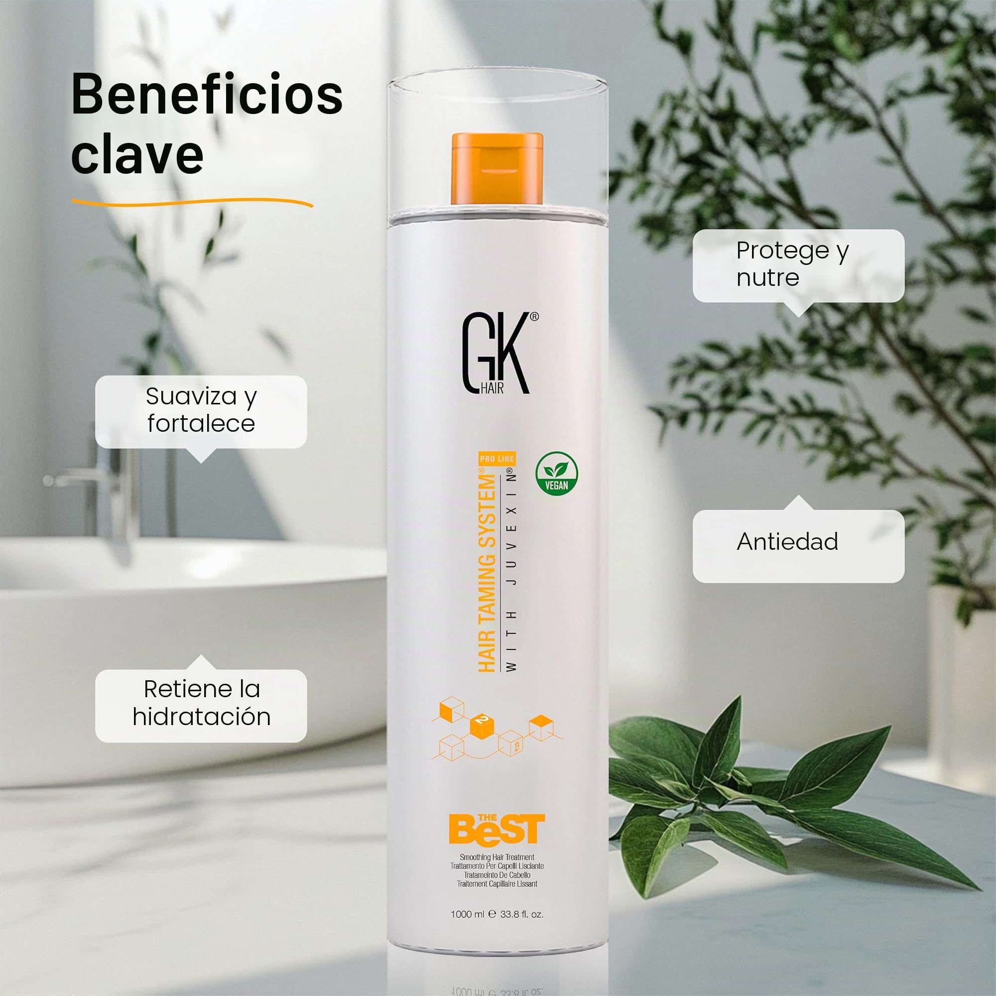 GK HAIR Global Keratin The Best (1000ml / 33.8 Fl Oz) Tratamiento Capilar Suavizante de Keratina Complejo Brasileño Profesional Alisado Para un Cabello Suave y sin Frizz - Sin Formaldehído