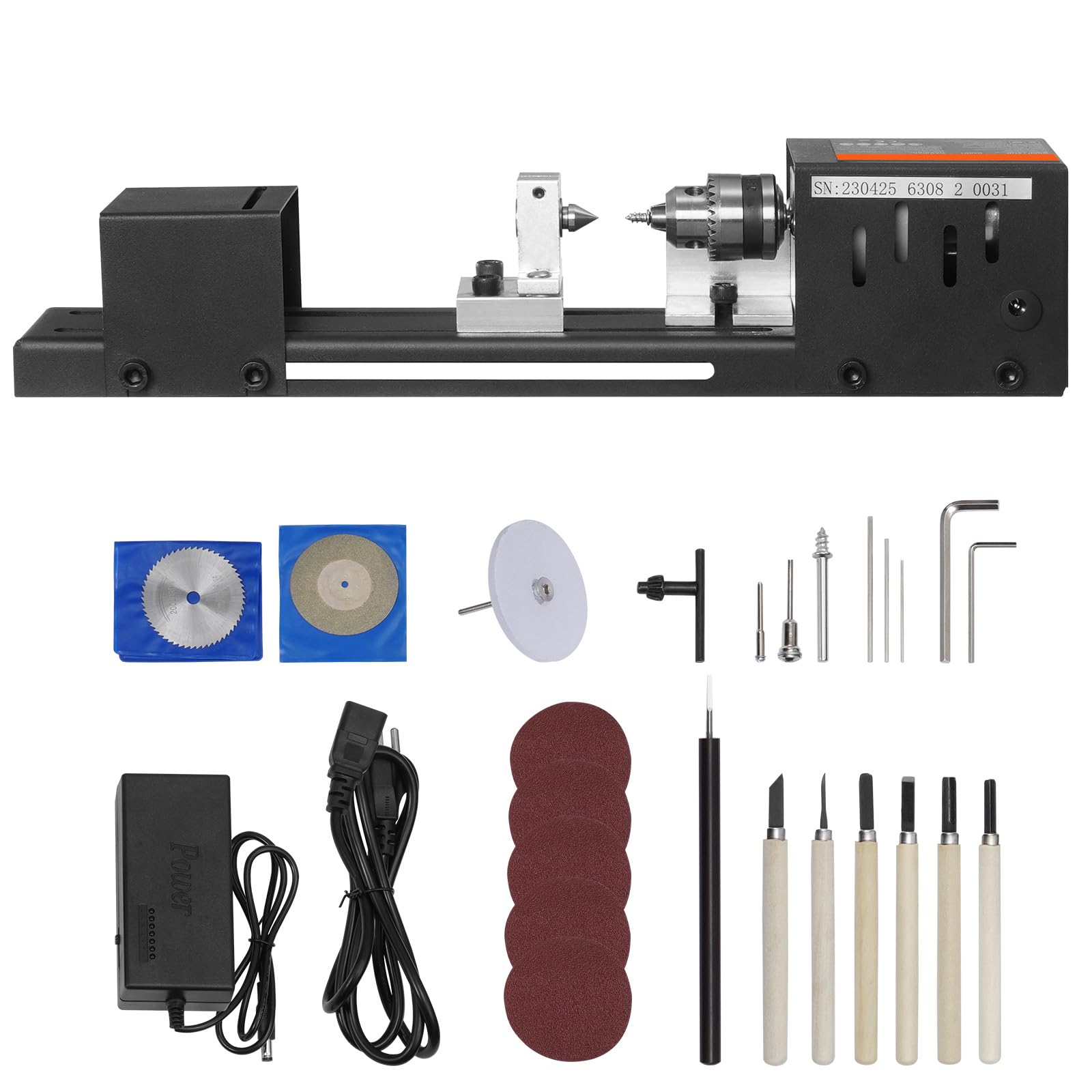 Happybuy Compact Lathe Machine - 2.76 x 6.3 inches. 24VDC 96W. Comes with Milling Machine Accessories. 7 Adjustable Speeds from 4220 to 8450 RPM. Ideal for DIY Woodworking Projects.