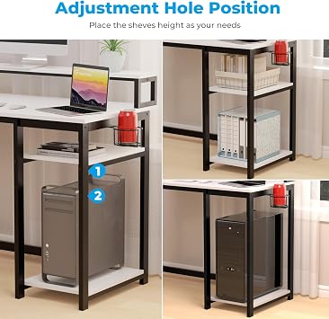 GreenForest Computer Desk with Full Monitor Stand,120 cm Home Office Desk with Reversible Storage Shelves,Small Study Desk with Headphone Hook and Cup Holder,White