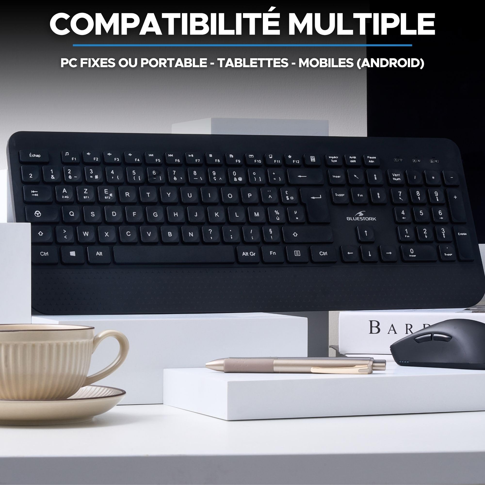 Bluestork Pack Office R2 - Clavier & Souris sans Fil Rechargeable | AZERTY FR, Sans Fil Double Connexion Bluetooth & 2.4GHz, Clavier Rechargeable + Souris Légère, 120H Autonomie