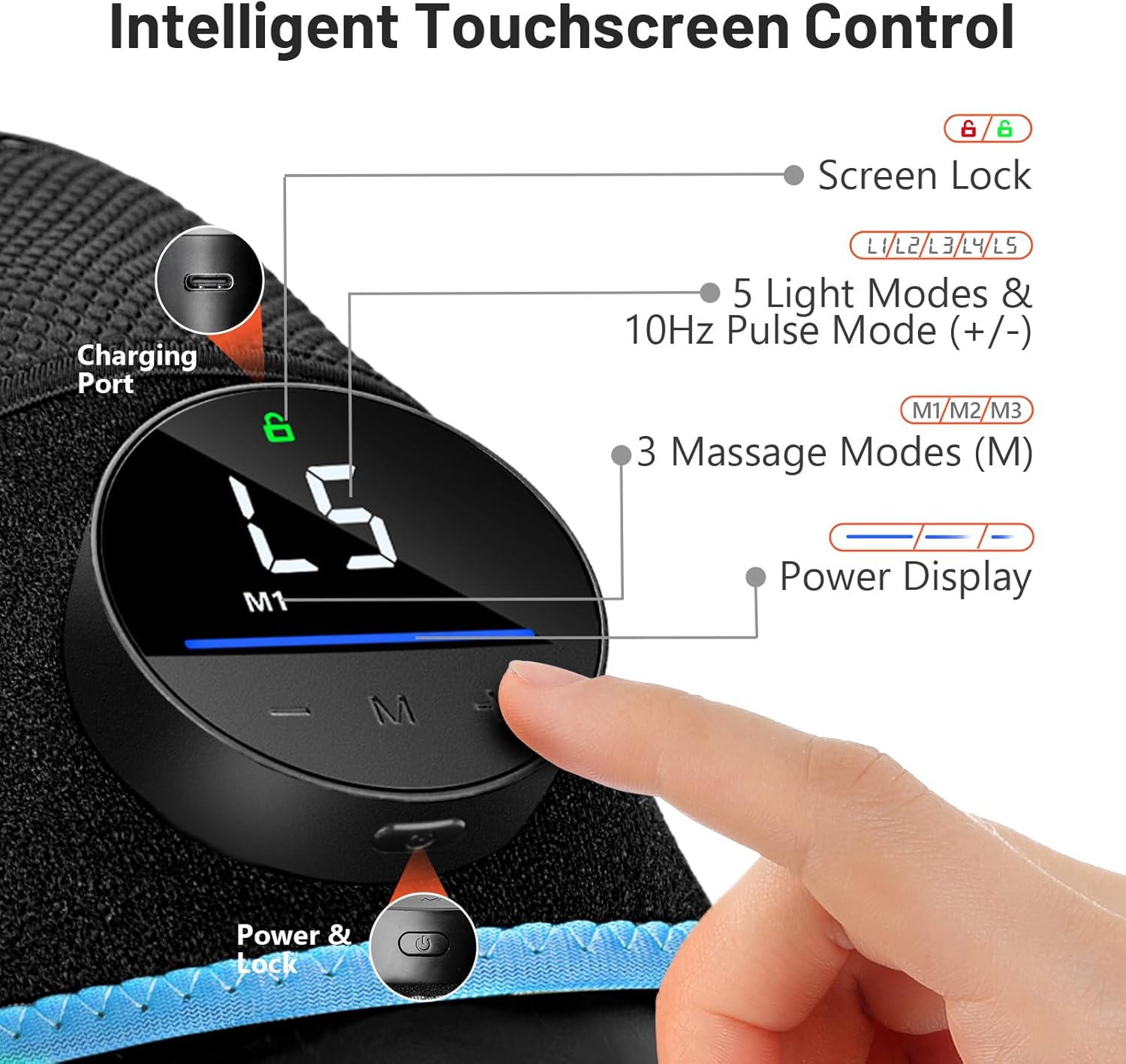 Diagram showing the intelligent touchscreen control panel with labels for charging port, screen lock, light modes, pulse mode, massage modes, and power display.