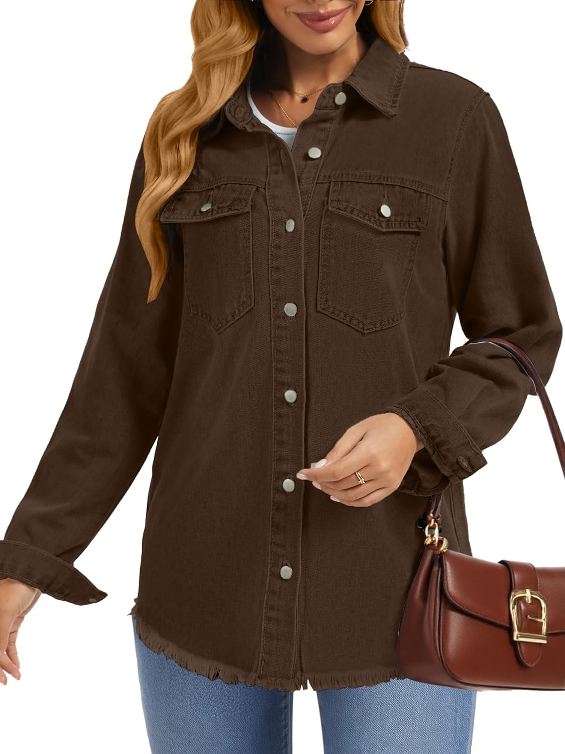 Oversized Jean Jacket For Women Casual Long Sleeve Button Denim Shirts Distressed Denim Jackets Shacket - Image 6