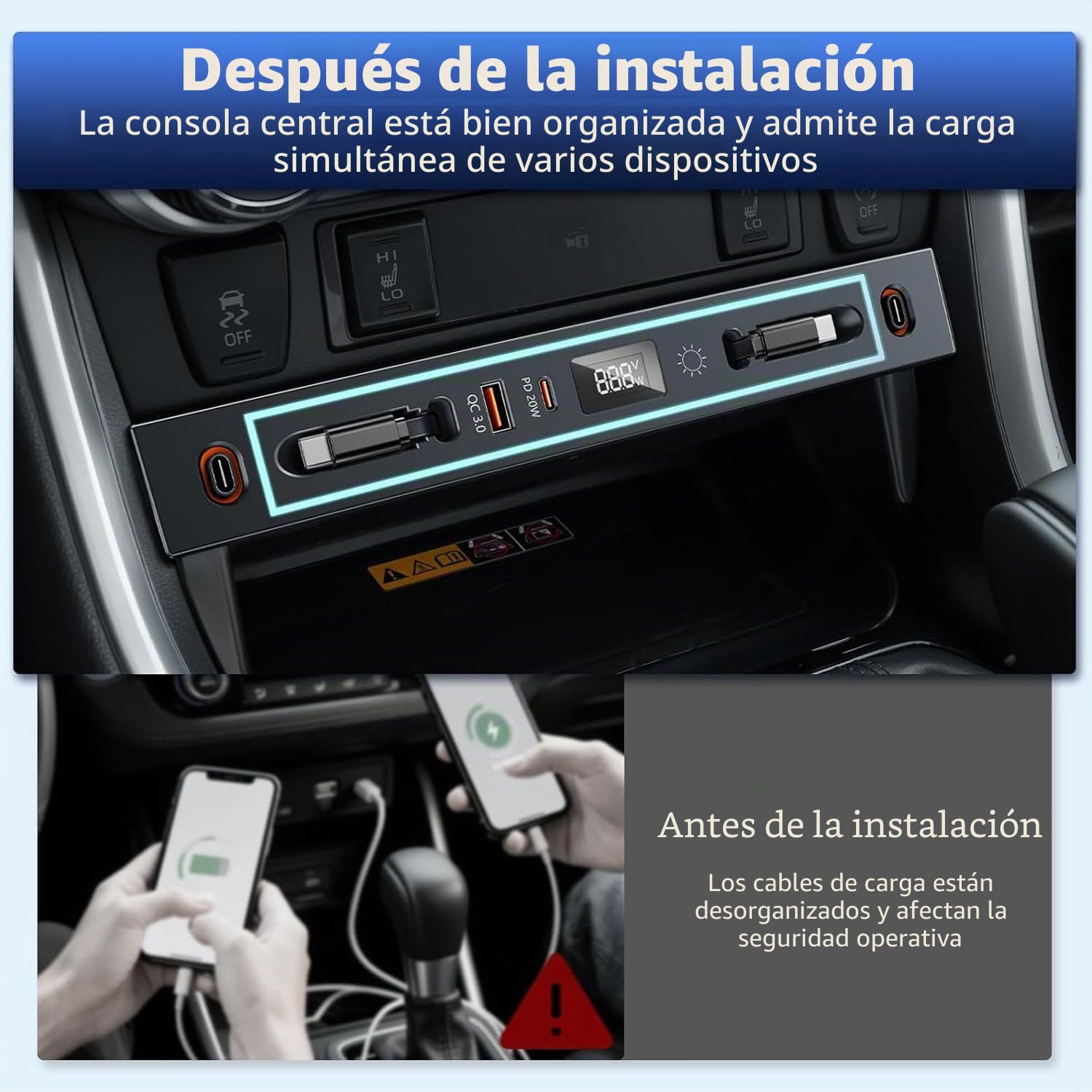 Concentrador USB para Coche Toyota RAV4 2020-2025, Estación de Acoplamiento Retráctil Multipuerto, Cargador Rápido de Teléfono para Consola Central con luz RGB para Toyota RAV4 Accesorios(Black)