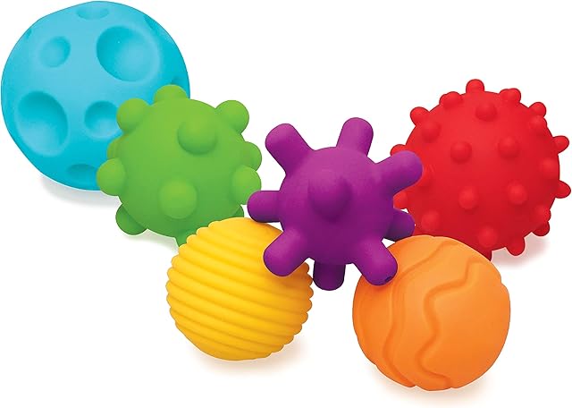 INFANTINO Textured 6 Piece Multi Ball Set for Babies and Toddlers, Multiple-Colors, Sizes & Shapes, Soft Tactile Balls for Sensory Exploration and Engagement, Ages 6 Months Plus