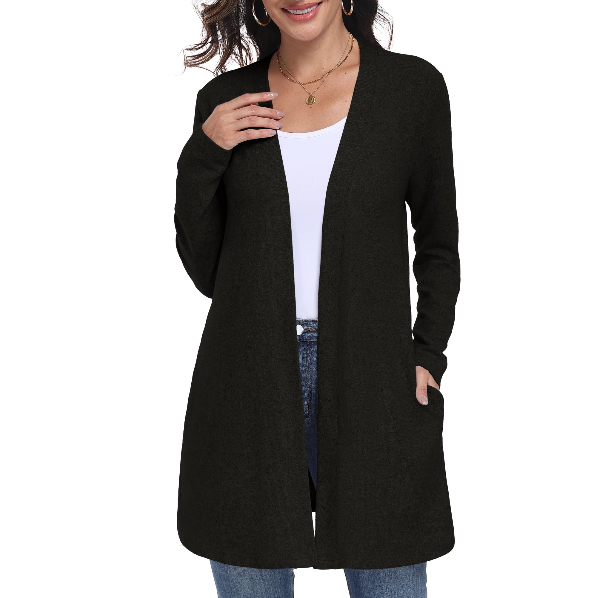 Lepunuo Cardigan Sweaters for Women Long Sleeve Lightweight Open Front Knit Cardigans Casual Loose Sweater with Pockets