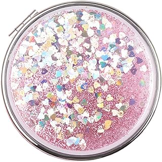 Compact Cosmetic Mirror Shiny Quicksand Round Pocket Makeup Mirror Travel Portable Hand Mirror for Women Kids Gifts Pink