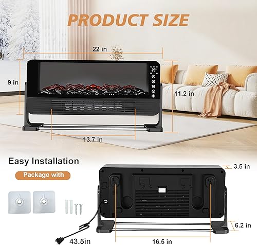 Miniatura 8 de Calentador eléctrico de chimenea para uso en interiores, calentador eléctrico de espacio para piso o pared, efecto de llama 3D de 1500 W con control
