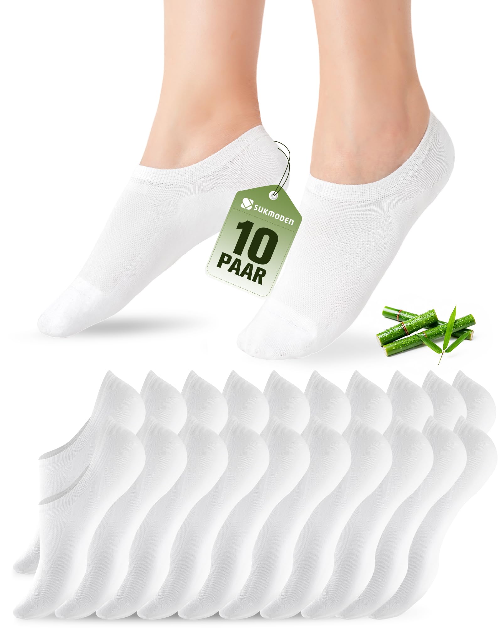 SukModen 10 Paar Bambus Füsslinge Damen Herren, Atmungsaktiv Füßlinge, Unsichtbare No Show Sneaker Socken mit Rutschfest Silikon für Loafers Weiß 39-42