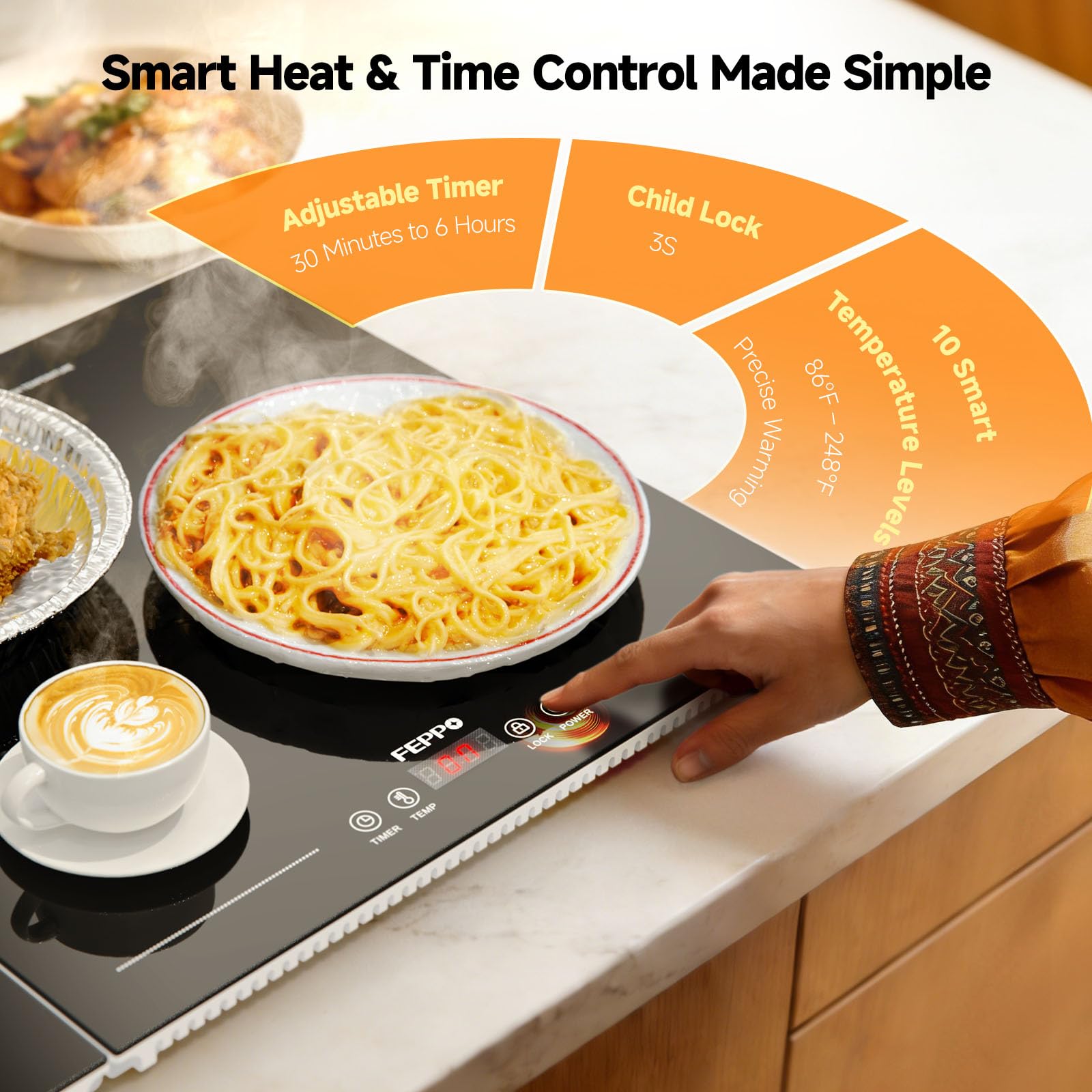 FEPPO Bandeja de calentamiento eléctrica con control independiente de temperatura y temporizador, calentador de alimentos modular 2 en 1 para fiestas, bufé, tapete de calentamiento de superficie de