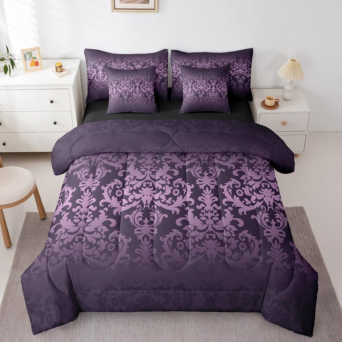 Amazon.com: Erosebridal Adults Purple Damask Bed in A Bag 7 Piece